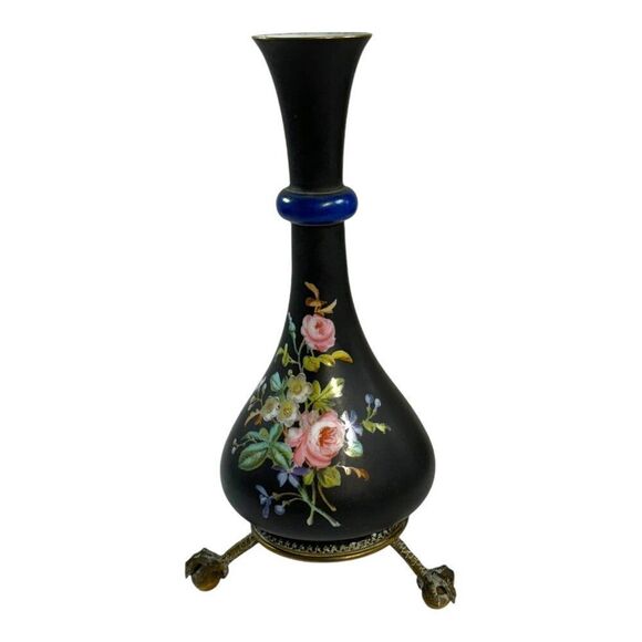 Rosenthal Black Victorian Vintage Floral Vase On Brass Pedestal Stand RARE READ - Picture 3 of 6